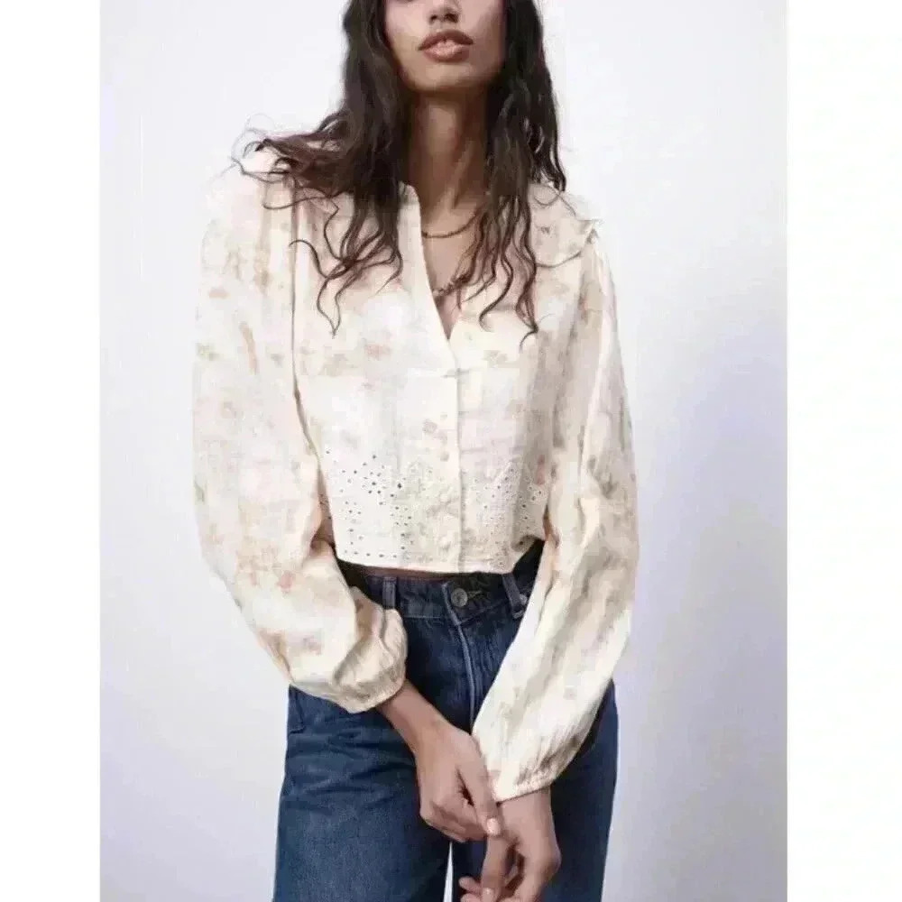 Zara Women's Cream Tie Dye Crop Top Size Medium